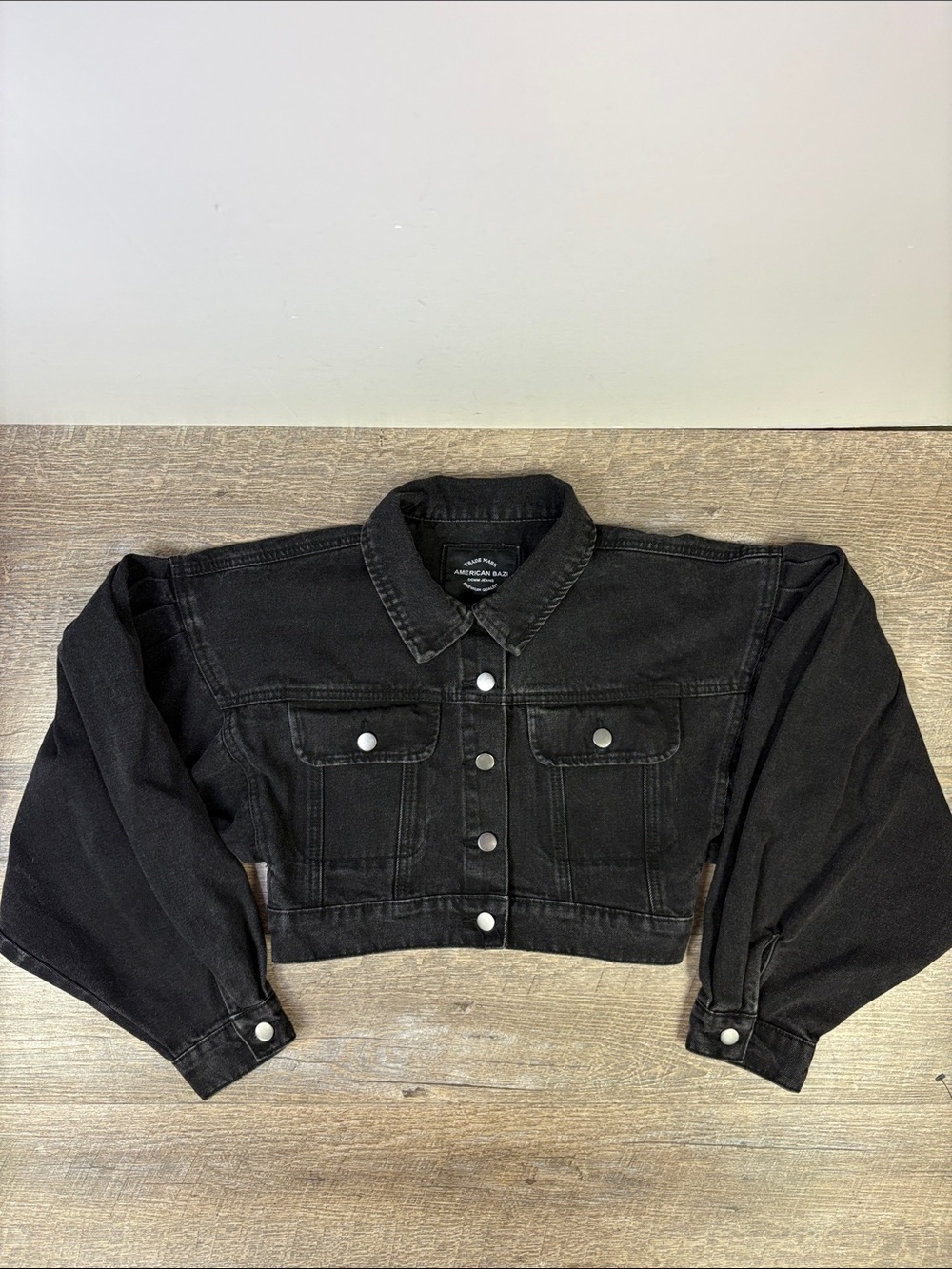 American Bazi Black Cropped Denim Jacket Puff Sleeve Women’s Small